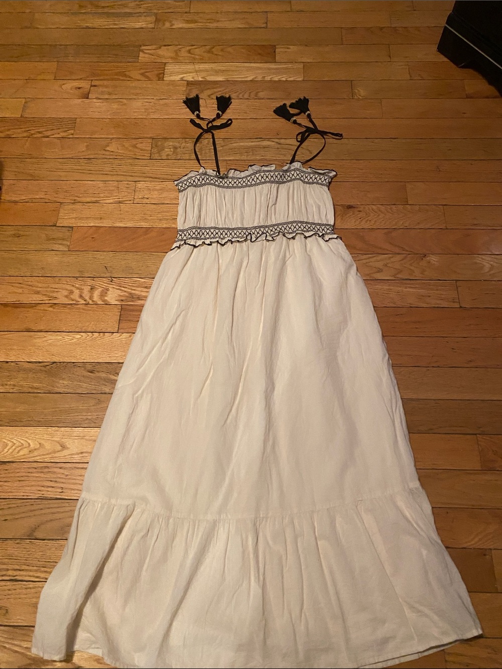White Tiered Maxi Dress with Black Tassel Ties